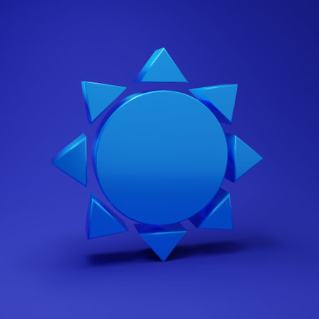 Blue Sun icon isolated on blue background. Minimalism concept. 3D render illustration.の写真素材