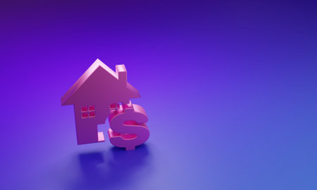Pink House with dollar symbol icon isolated on purple-blue background. Home and money. Real estate concept. Minimalism concept. 3D render illustration.の写真素材