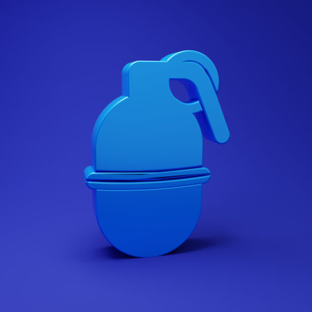 Blue Hand grenade icon isolated on blue background. Bomb explosion. Minimalism concept. 3D render illustration.の写真素材