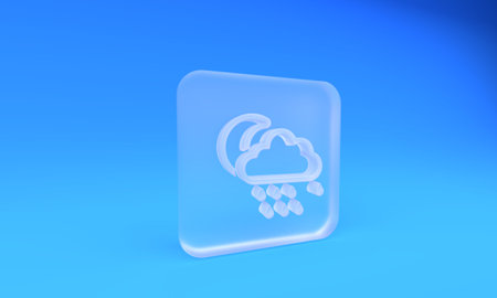 Frosted glass Cloud with rain and moon icon isolated on blue background. Rain cloud precipitation with rain drops. Square frosted glass button. 3D render illustration.の写真素材