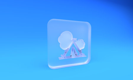 Frosted glass tent with flag icon isolated on blue background. Camping symbol. Square frosted glass button. 3D render illustration.の写真素材