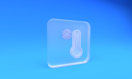 Frosted glass Meteorology thermometer measuring heat and cold icon isolated on blue background. Thermometer equipment showing hot or cold weather. Square frosted glass button. 3D render illustration.の写真素材