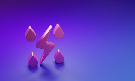 Pink Storm icon isolated on purple-blue background. Drop and lightning sign. Weather icon of storm. Minimalism concept. 3D render illustration.の写真素材