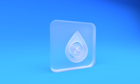 Frosted glass Water drop percentage icon isolated on blue background. Humidity analysis. Square frosted glass button. 3D render illustration.の写真素材