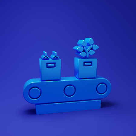 Blue Conveyor belt with cardboard box icon isolated on blue background. Minimalism concept. 3D render illustration.の写真素材
