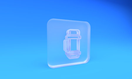 Frosted glass Thermos container icon isolated on blue background. Thermo flask icon. Camping and hiking equipment. Square frosted glass button. 3D render illustration.の写真素材