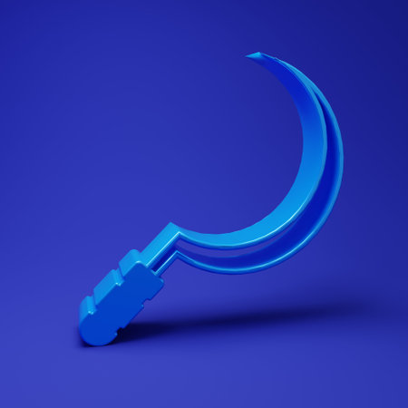 Blue Sickle icon isolated on blue background. Reaping hook sign. Minimalism concept. 3D render illustration.の写真素材