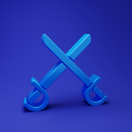 Blue Crossed pirate swords icon isolated on blue background. Saber sign. Minimalism concept. 3D render illustration.の写真素材