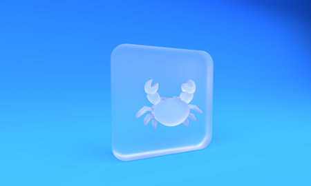 Frosted glass Crab icon isolated on blue background. Square frosted glass button. 3D render illustration.の写真素材