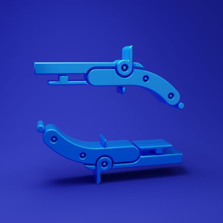Blue Vintage pistols icon isolated on blue background. Ancient weapon. Minimalism concept. 3D render illustration.の写真素材