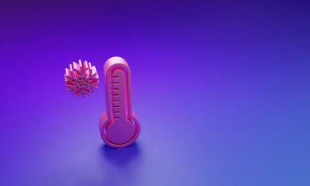 Pink Meteorology thermometer measuring heat and cold icon isolated on purple-blue background. Thermometer equipment showing hot or cold weather. Minimalism concept. 3D render illustration.の写真素材