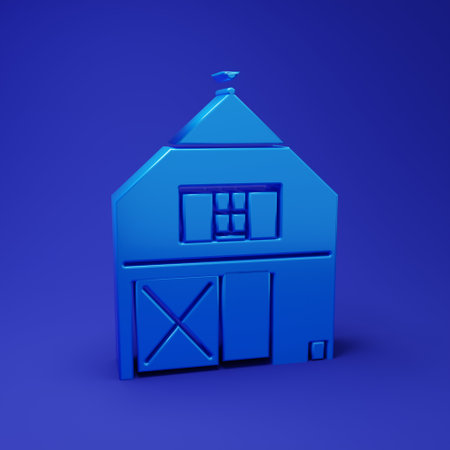 Blue Farm House concept icon isolated on blue background. Rustic farm landscape. Minimalism concept. 3D render illustration.の写真素材