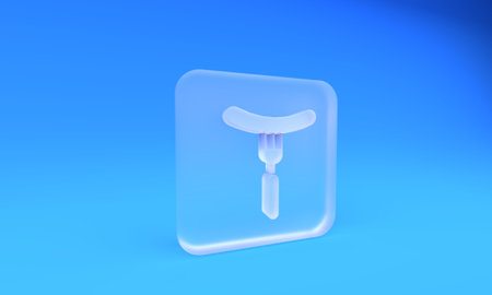 Glass Sausage on the fork icon isolated on blue background. Square glass button. 3D render illustration.の写真素材