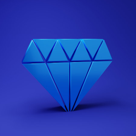 Blue Diamond icon isolated on blue background. Jewelry symbol. Gem stone. Minimalism concept. 3D render illustration.の写真素材