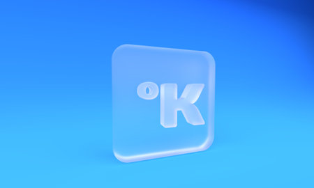 Frosted glass Kelvin icon isolated on blue background. Square frosted glass button. 3D render...
