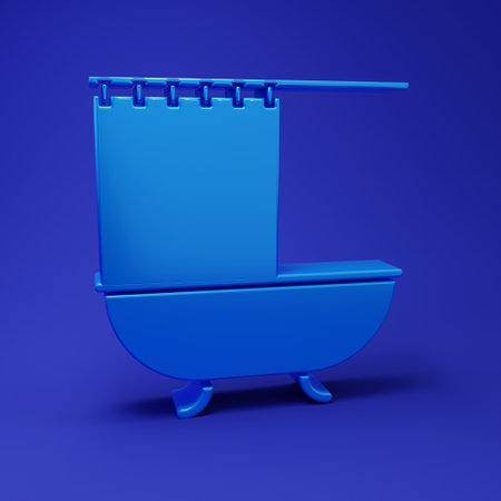 Blue Bathtub with open shower curtain icon isolated on blue background. Minimalism concept. 3D render illustration.の写真素材