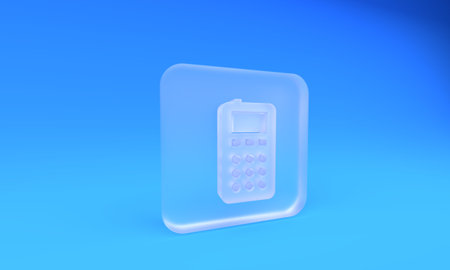 Frosted glass Remote control icon isolated on blue background. Square frosted glass button. 3D render illustration.の写真素材