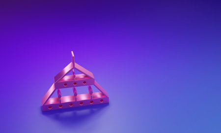 Pink massive steel chandelier with candles in medieval icon isolated on purple-blue background. Minimalism concept. 3D render illustration.の写真素材