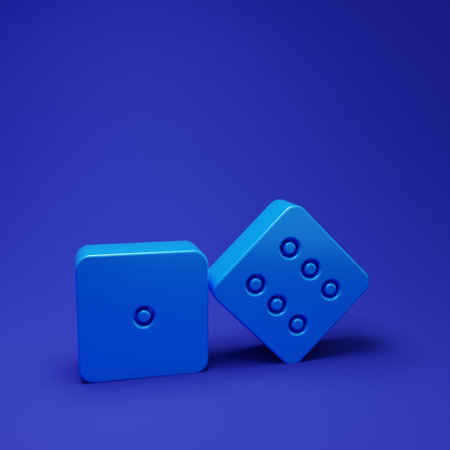 Blue Game dice icon isolated on blue background. Casino gambling. Minimalism concept. 3D render illustration.の写真素材