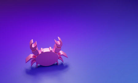 Pink Crab icon isolated on purple-blue background. Minimalism concept. 3D render illustration.の写真素材