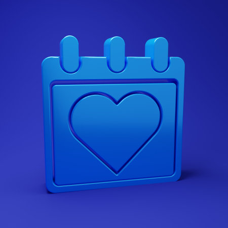 Blue Calendar with heart icon isolated on blue background. Valentines day. Love symbol. February 14....