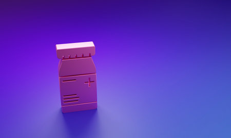 Pink Medicine bottle and pills icon isolated on purple-blue background. Bottle pill sign. Pharmacy design. Minimalism concept. 3D render illustration.の写真素材