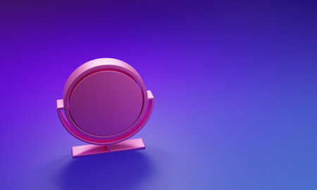 Pink Round makeup mirror icon isolated on purple-blue background. Minimalism concept. 3D render illustration.の写真素材