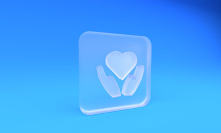 Frosted glass Heart in hand icon isolated on blue background. Hand giving love symbol. Valentines...