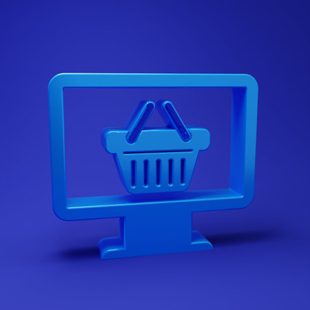 Blue Computer monitor with shopping basket icon isolated on blue background. Online Shopping cart. Supermarket basket symbol. Minimalism concept. 3D render illustration.の写真素材