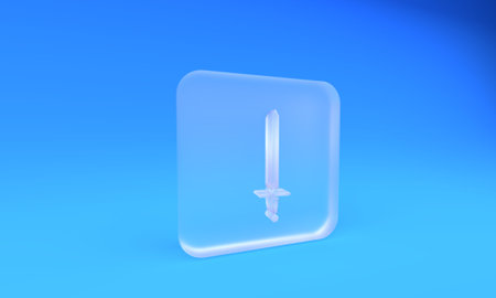 Frosted glass Medieval sword icon isolated on blue background. Medieval weapon. Square frosted glass button. 3D render illustration.の写真素材