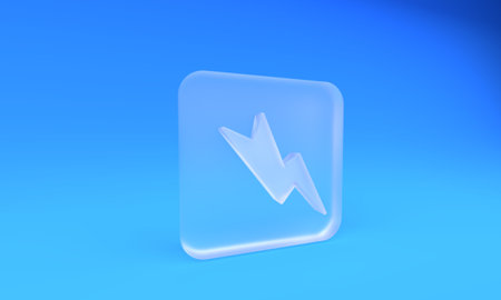 Frosted glass Lightning bolt icon isolated on blue background. Flash sign. Charge flash icon. Thunderbolt. Lighting strike. Square frosted glass button. 3D render illustration.の写真素材