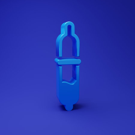 Blue Pipette icon isolated on blue background. Element of medical, chemistry lab equipment. Pipette with drop. Medicine symbol. Minimalism concept. 3D render illustration.の写真素材