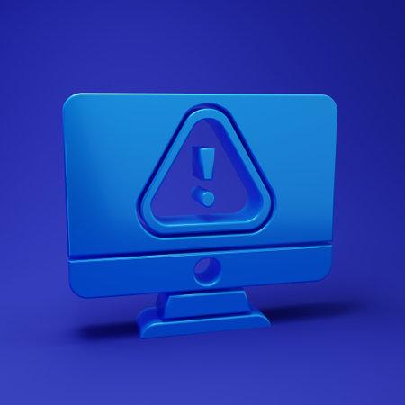 Blue Computer monitor with exclamation mark icon isolated on blue background. Alert message...