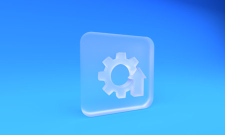 Frosted glass Arrow growth gear business icon isolated on blue background. Productivity icon. Square...