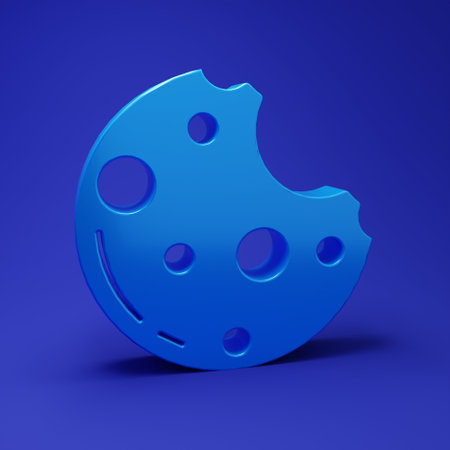 Blue Chocolate cookies with leaf icon isolated on blue background. Minimalism concept. 3D render illustration.の写真素材