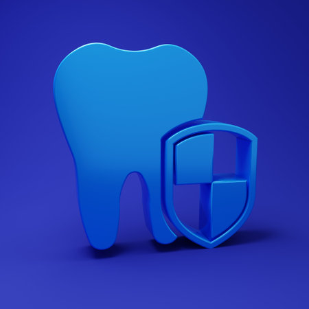 Blue Dental protection icon isolated on blue background. Tooth on shield logo. Minimalism concept. 3D render illustration.の写真素材