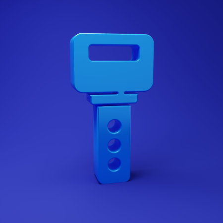 Blue House key icon isolated on blue background. Minimalism concept. 3D render illustration.の写真素材