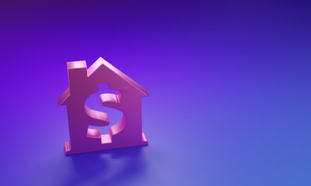 Pink House with dollar symbol icon isolated on purple-blue background. Home and money. Real estate concept. Minimalism concept. 3D render illustration.の写真素材
