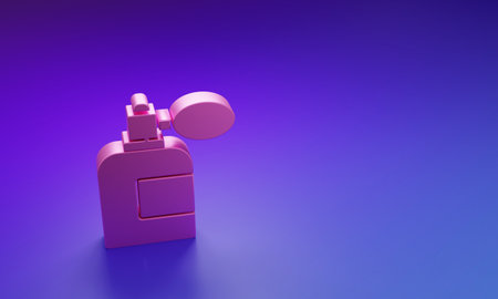 Pink Aftershave bottle with atomizer icon isolated on purple-blue background. Cologne spray icon. Male perfume bottle. Minimalism concept. 3D render illustration.の写真素材