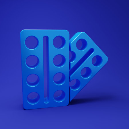 Blue Pills in blister pack icon isolated on blue background. Medical drug package for tablet, vitamin, antibiotic, aspirin. Minimalism concept. 3D render illustration.の写真素材