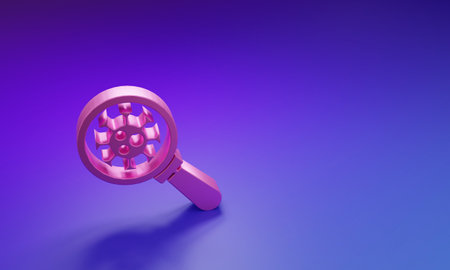 Pink Virus under magnifying glass icon isolated on purple-blue background. Corona virus 2019-nCoV. Bacteria and germs, microbe, fungi. Minimalism concept. 3D render illustration.の写真素材
