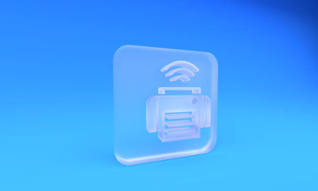 Frosted glass Smart printer system icon isolated on blue background. Internet of things concept with...