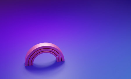 Pink Rainbow icon isolated on purple-blue background. Minimalism concept. 3D render illustration.の写真素材