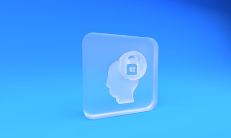 Frosted glass Human head with lock icon isolated on blue background. Square frosted glass button. 3D render illustration.の写真素材