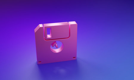 Pink Floppy disk for computer data storage icon isolated on purple-blue background. Diskette sign. Minimalism concept. 3D render illustration.の写真素材