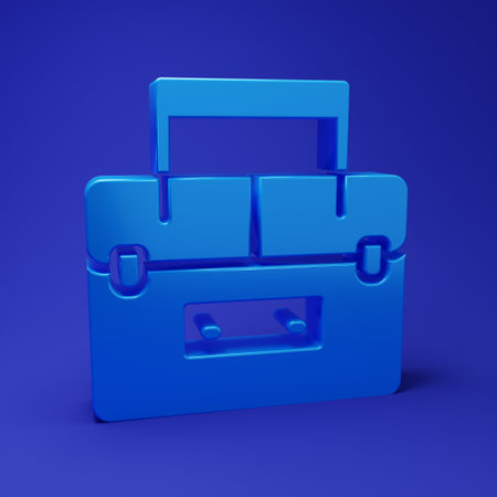Blue Case or box container for wobbler and gear fishing equipment icon isolated on blue background. Fishing tackle. Minimalism concept. 3D render illustration.の写真素材