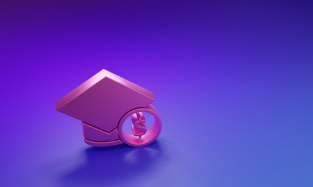 Pink Graduation cap and coin icon isolated on purple-blue background. Education and money. Concept of scholarship cost or loan, tuition or study fee. Minimalism concept. 3D render illustration.の写真素材