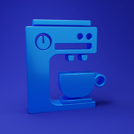Blue Coffee machine icon isolated on blue background. Minimalism concept. 3D render illustration.の写真素材