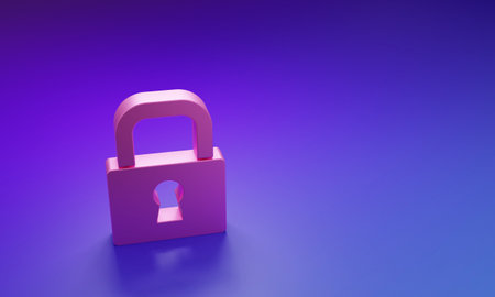 Pink Lock icon isolated on purple-blue background. Padlock sign. Security, safety, protection, privacy concept. Minimalism concept. 3D render illustration.の写真素材