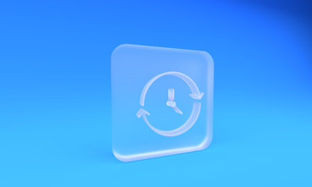 Frosted glass Clock icon isolated on blue background. Time symbol. Square frosted glass button. 3D render illustration.の写真素材